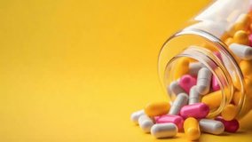 Multicolor Tablets and Pills Animation - Medication, Healthcare, Pharmaceutical, Closeup, Glass Bottle, Yellow Background, Wellness Concept, Copy Space, Video Animation