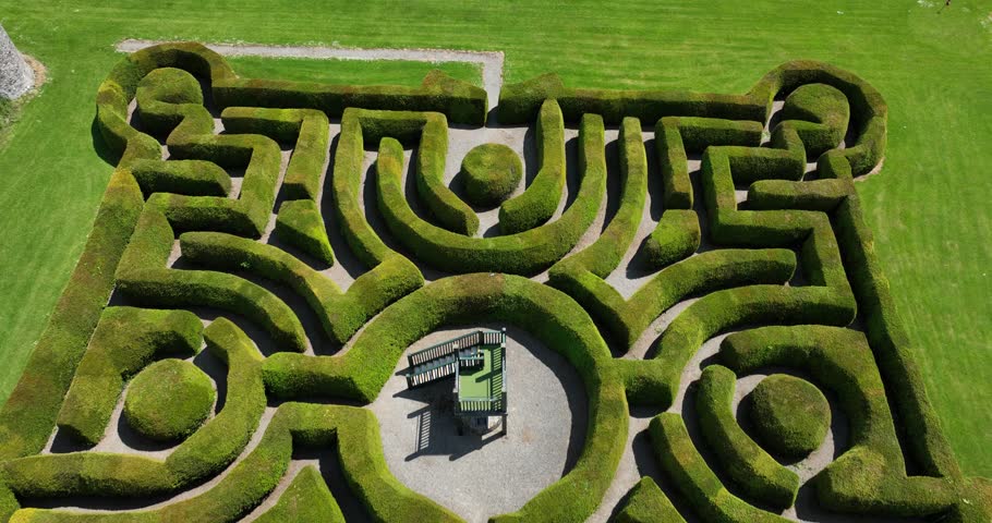 Hedge maze in city park. Labyrinth in the bushes. 5K Drone Footage 