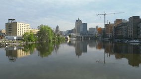 Flying toward downtown Milwaukee on the Milwaukee River at an elevation of 15ft