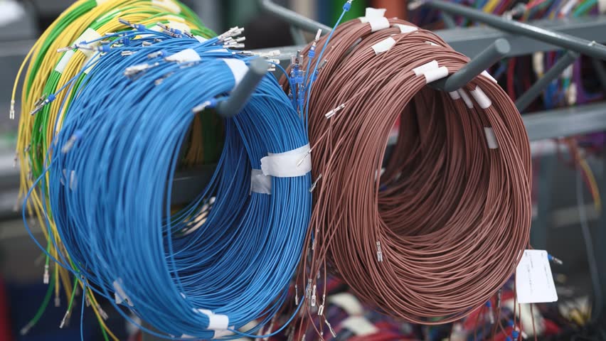 A stand with prepared wires that will be used in automotive wiring. In a workshop for the production of automotive electrical equipment. Royalty-Free Stock Footage #1104930067