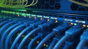 Close-up Shot of Datacenter Network Switch full of Plugs and Connectors in Rack Cabinet. Internet Ports with Blinking Lights on Industrial Router. - Powered by Shutterstock - Get 15% off with code: PIKWIZARD15