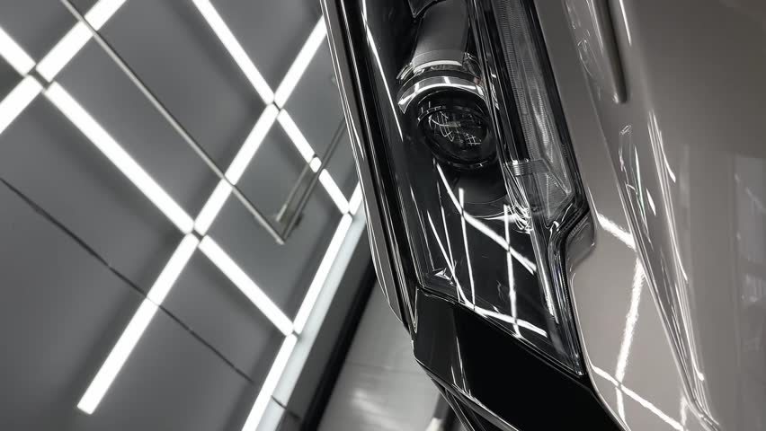 Headlight of Grey mirror premium car in the detaling studio after polishing. High quality FullHD footage.Vertical video Royalty-Free Stock Footage #1104930477