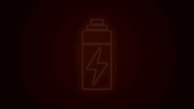 Glowing neon line Battery icon isolated on black background. Lightning bolt symbol. 4K Video motion graphic animation.