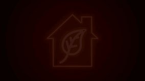 Glowing neon line Eco friendly house icon isolated on black background. Eco house with leaf. 4K Video motion graphic animation.