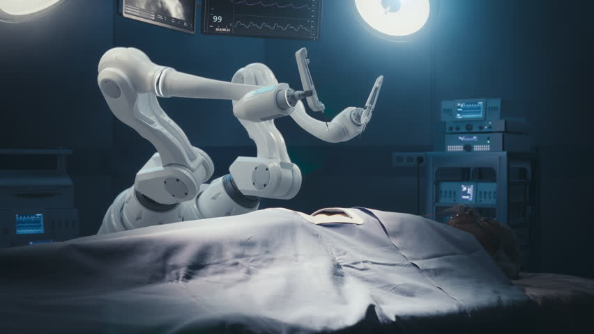Futuristic Hospital: Surgery Patient Laying On Surgical Table While Robot Arms Performing High-Precision Nanosurgery. Automated And Programmable Robotic Limbs Working On Heart Transplant On Person. Royalty-Free Stock Footage #1104937243