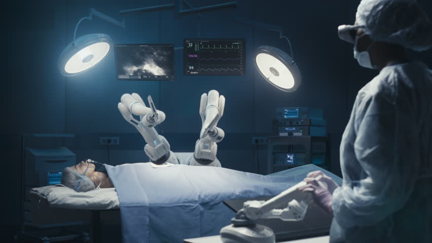 Surgeon Wearing Augmented Reality Headset And Using High-Precision Remote Controlled Robot Arms To Operate On Patient In Hospital. Doctor Working With Futuristic Robotic Limbs And Monitors With Vitals Royalty-Free Stock Footage #1104937245