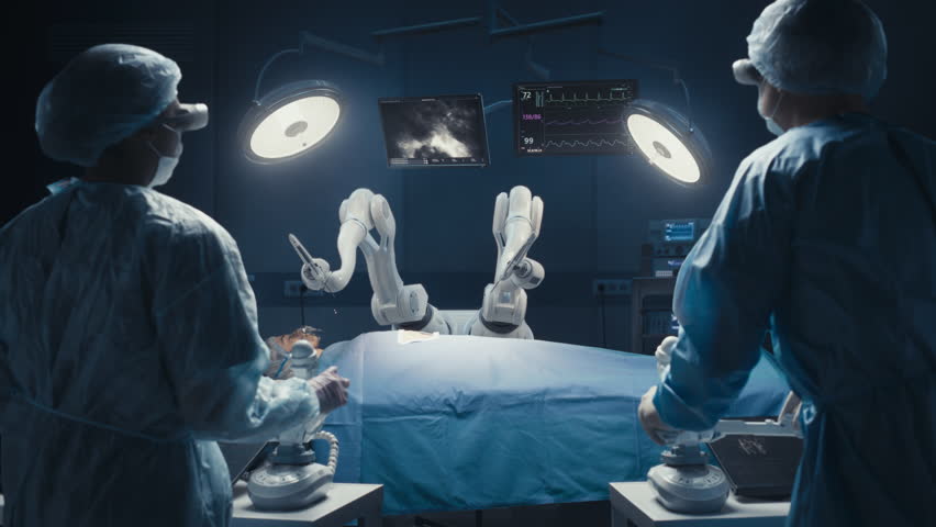 Two Surgeons Wearing Augmented Reality Headsets And Using High-Precision Remote Controlled Robot Arms To Operate On Patient In Futuristic Hospital. Doctors Working With Robotic Limbs, Observing Vitals Royalty-Free Stock Footage #1104937249