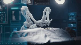Futuristic Hospital: Heart Transplant Surgery Patient Laying On Surgical Table While Robot Arms Performing Nanosurgery. Automated Robotic Limbs Operating Person, VFX Holographic Display Showing Vitals - Powered by Shutterstock - Get 15% off with code: PIKWIZARD15