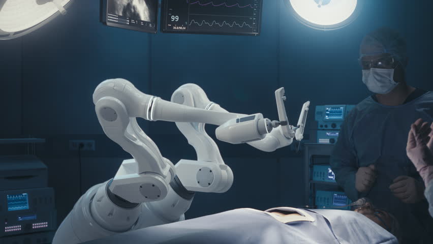 Two Surgeons Observing High-Precision Programmable Automated Robot Arms Operating Patient In High-Tech Hospital. Robotic Limbs Performing Complicated Nanosurgery, Doctors Looking At Vitals On Monitor. Royalty-Free Stock Footage #1104937257