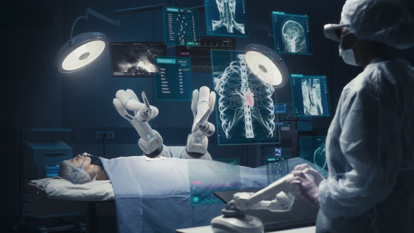 Surgeon Wearing AR Headsets And Using High-Precision Remote Controlled Robot Arms To Operate On Patient In Hospital. Doctor Controlling Robotic Limbs, Observing Organs On Holographic VFX Displays. Royalty-Free Stock Footage #1104937259