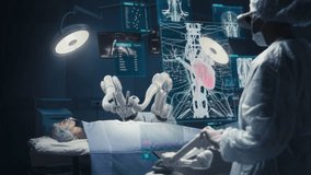 Surgeon Wearing AR Headsets And Using High-Precision Remote Controlled Robot Arms To Operate On Patient In Hospital. Doctor Controlling Robotic Limbs, Observing Organs On Holographic VFX Displays. - Powered by Shutterstock - Get 15% off with code: PIKWIZARD15