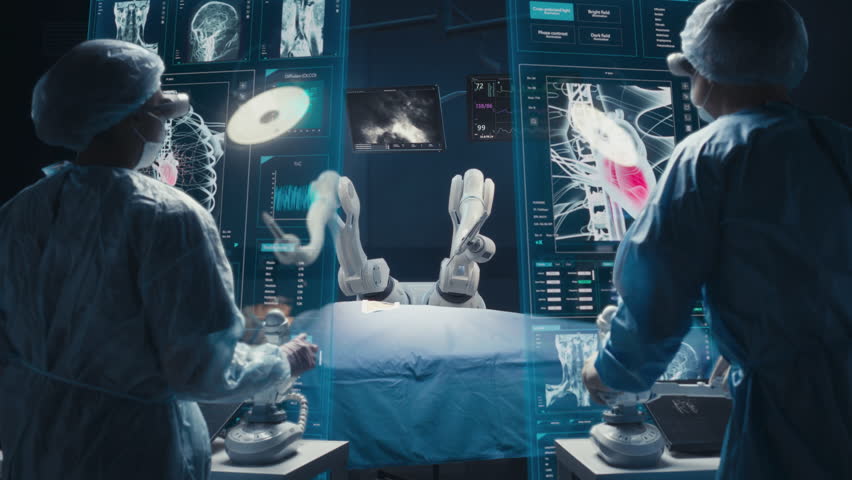 Surgeons Wearing AR Headsets And Using High-Precision Remote Controlled Robot Arms To Operate On Patient In Hospital. Doctors Working With Robotic Limbs, Observing Vitals On Holographic VFX Displays. Royalty-Free Stock Footage #1104937261