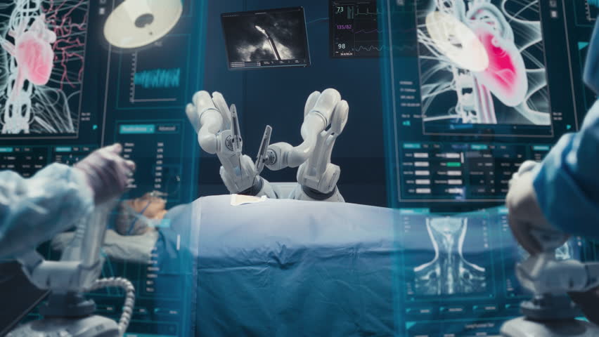 Surgeons Wearing AR Headsets And Using High-Precision Remote Controlled Robot Arms To Operate On Patient In Hospital. Doctors Working With Robotic Limbs, Observing Vitals On Holographic VFX Displays.