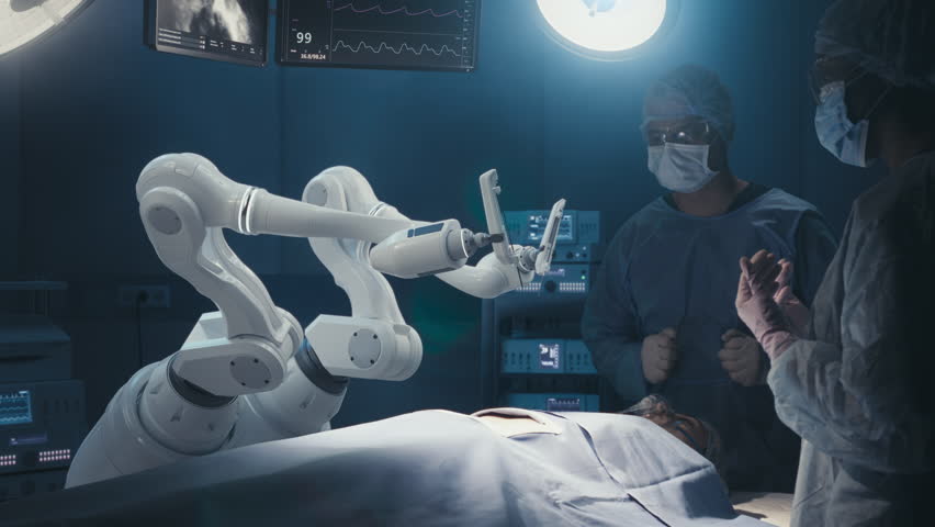 Two Surgeons Observing High-Precision Programmable Automated Robot Arms Operating Patient In Futuristic Hospital. Robotic Limbs Performing Advanced Nanosurgery, Doctors Looking At Vitals On Monitor Royalty-Free Stock Footage #1104937263