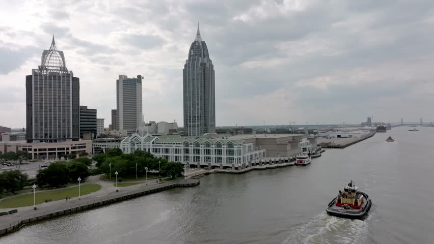 Barge in Mobile Bay in Mobile, Alabama with drone stable video.
