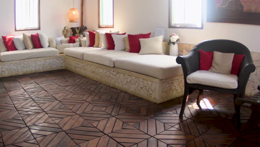 living room tropical lodge with wooden floor and furniture, Warmth sofa, interior decor