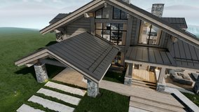 4K video rendering of installation Solar panels on the roof of modern cozy chalet with pool and parking for sale or rent. Beautiful forest mountains on background. 