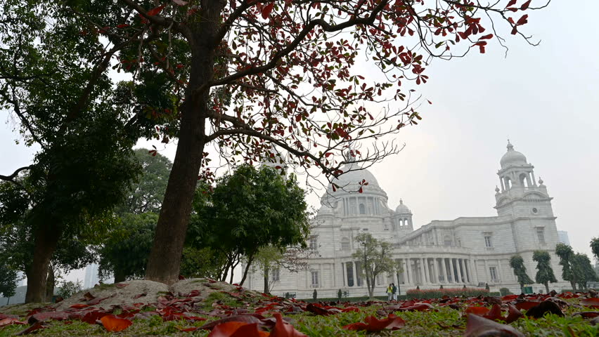 Timelapse video of Victoria Memorial of Kolkata in winter morning with leafless tree and red fallen leaves on the grasses of the lawn. HD stock footage. West Bengal, India