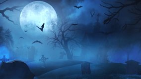 Graveyard at Midnight with Full Moon Skeleton and Witch 4K features an old cemetery with a full moon, bats flying, and fog with a skeleton walking and a witch flying across the sky. - Powered by Shutterstock - Get 15% off with code: PIKWIZARD15