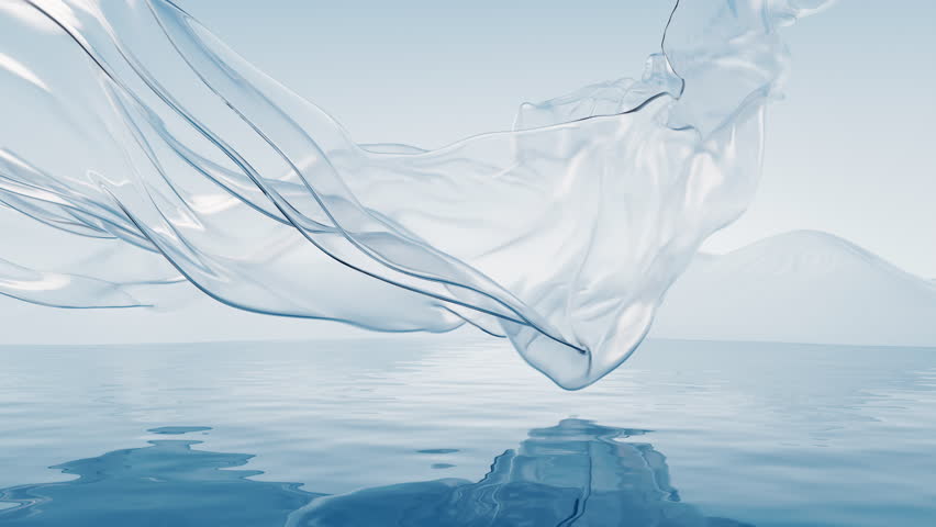 Flowing transparent cloth with water surface, 3d rendering. Digital drawing.