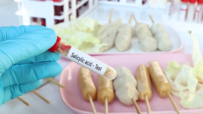 Salicylic acid, food sample to analyze in the laboratory, Food in test tube