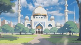 Islamic animation of beautiful mosque building and beautiful trees background in Japanese anime watercolor painting illustration style. seamless looping video animated background.