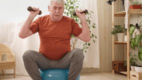 Mature senior man sitting on fitness ball doing exercises, gymnastics with dumbbell. Sport exercising at home. Recreation, well being. Elderly male exercising training, stretching. Old man working out