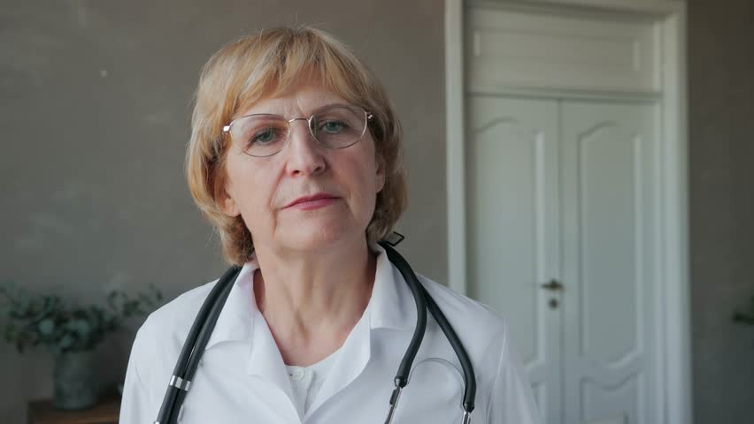 A close-up portrait of an adult elderly happy smiling woman doctor in glasses, with a stethoscope and in a white coat. An adult doctor of 60s poses with a smile in front of the camera in his office Royalty-Free Stock Footage #1104966499