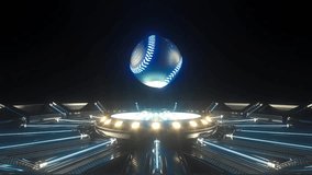 A futuristic sports concept of a baseball ball lit with neon markings floating and rotating seamlessly above a futuristic neon stage - Powered by Shutterstock - Get 15% off with code: PIKWIZARD15