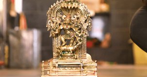 Front view of Hindu Devi God of Golden Brass Ornament Statue Idol, Sculpture
Golden (Gold Plated) Ceramic
Sculpture of Hindu Devi Maa Goddess.
Hinduism Religion, religious items
4K Statue Murti video