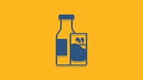 Blue Closed glass bottle with milk and glass icon isolated on orange background. 4K Video motion graphic animation .