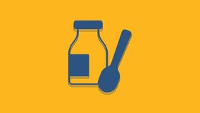 Blue Drinking yogurt in bottle with spoon icon isolated on orange background. 4K Video motion graphic animation .