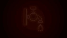 Glowing neon line Water tap icon isolated on black background. 4K Video motion graphic animation.