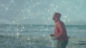 Animation of network of connections over a running african american man. Global connections, wellbeing, fitness and healthy lifestyle concept digitally generated video. - Powered by Shutterstock - Get 15% off with code: PIKWIZARD15