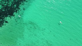 A walk on SUP boards in the clear turquoise sea and white sandy beaches, a video from a height shot on a quadcopter