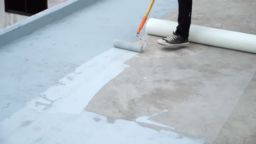 Hand painted gray flooring with paint rollers for waterproof, reinforcing net,Repairing waterproofing deck flooring.	 Royalty-Free Stock Footage #1104983891