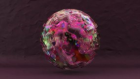 A ball of liquid rainbow substance on an abstract purple pink background. The surface of the ball moves. 3d animation. 3D Illustration