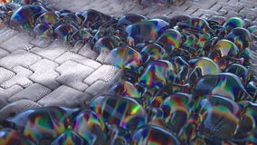  Large iridescent bubbles inflate on a gray soft surface. Patterns. Puzzle. Dark and light. 3D animation. 3D Illustration