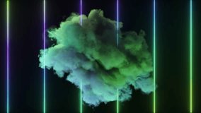 Bright mystical cloud rotates against the background of neon vertical lines. Smoke. Fantastic design. Blue green color. 3D Illustration