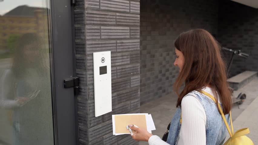 Young brunette woman with keys, letters and backpack dials the code for a call over the intercom. Teenager schoolgirl waving and looking at the camera of the electronic lock. Girl at the lock door Royalty-Free Stock Footage #1104987827