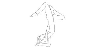 young woman working out Continuous line drawing animation video. girl doing yoga and handstand
 pose. slim girl in yoga line art video. Body care line art drawing animation. High quality 4k video