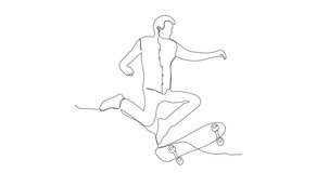 A man doing the flip on a skateboard Continuous line drawing motion graphic animated 4k video. man with a skateboard line art video. jumping man with skateboard line art animation. High quality video