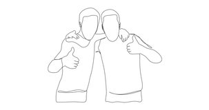 Two happy young men showing thumbs Continuous line drawing animation 4k video. young man showing thumbs line art video. High quality 4k video