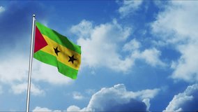 Sao Tome and Principe flag waving video, flag in a pole, memorial day, freedom of speech, horizontal flag, rectangular, national, raise flag, emblem, seamless loop, memorial day, victory day, 12 July