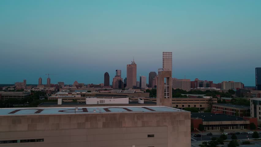 Drone shot flying over Indianapolis city and IUPUI university in America