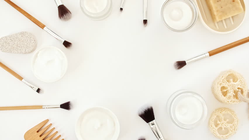 Makeup brushes. White cosmetic bottle containers. Natural skin care products . Zero waste, eco friendly and spa accessories. Beauty SPA branding mockup. No plastic.