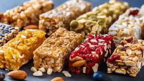 Unmistakable granola bars on table foundation. Cereal granola bars. Superfood breakfast bars with oats, nuts and berries, near. Video Animation