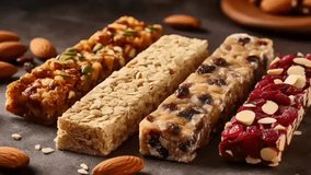 Unmistakable granola bars on table establishment. Cereal granola bars. Superfood breakfast bars with oats, nuts and berries, close. Video Animation