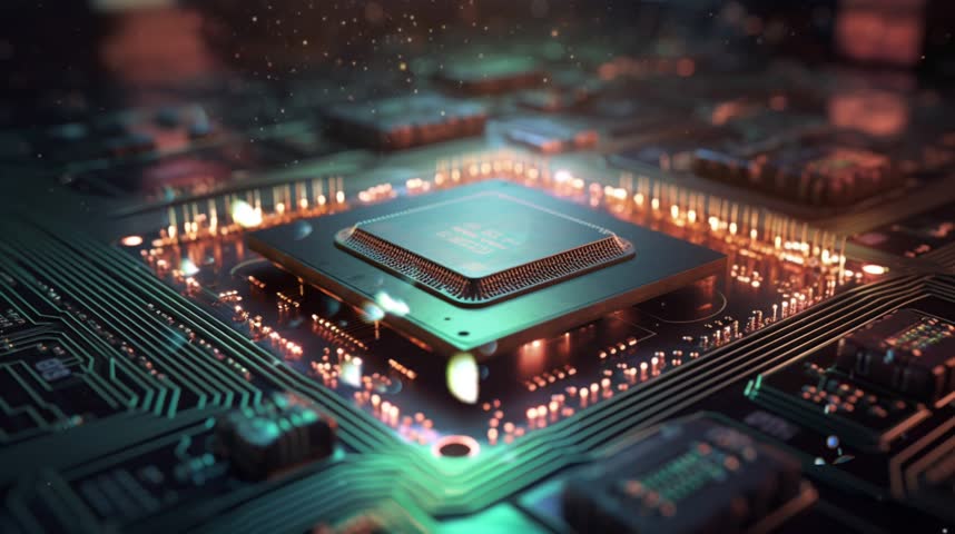 Immerse yourself in the cutting-edge world of quantum computing as a super chip, intricately connected within a circuit board, navigates through a captivating quantum landscape Royalty-Free Stock Footage #1104998395