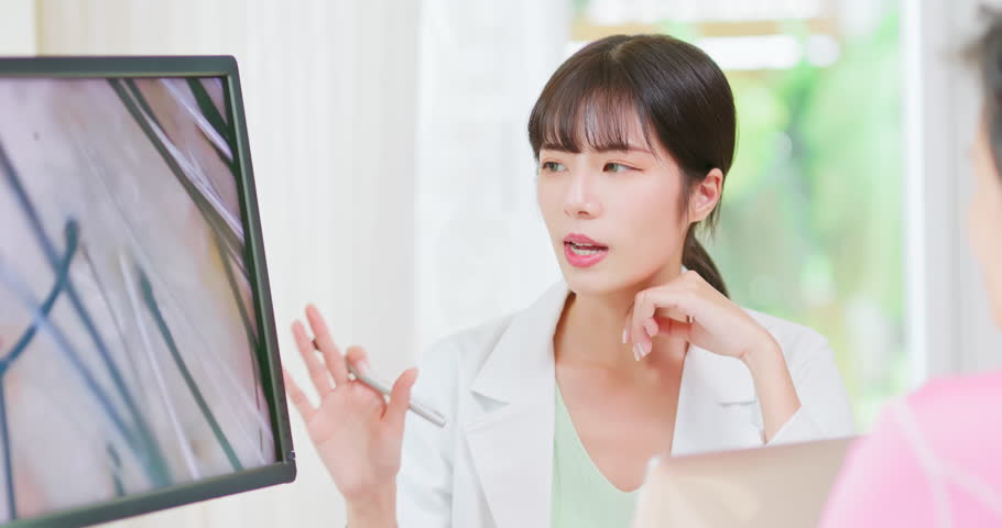 asian senior woman consulting professional female dermatologist about hair scalp problem with microscope picture which showing by screen while they discussing in clinic Royalty-Free Stock Footage #1105002957